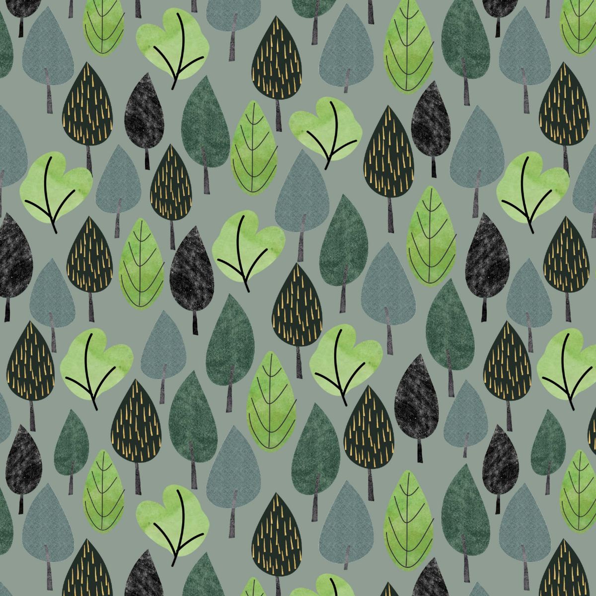 A repeating pattern of stylized trees in shades of green, gray-green, and charcoal on a muted sage-gray background.