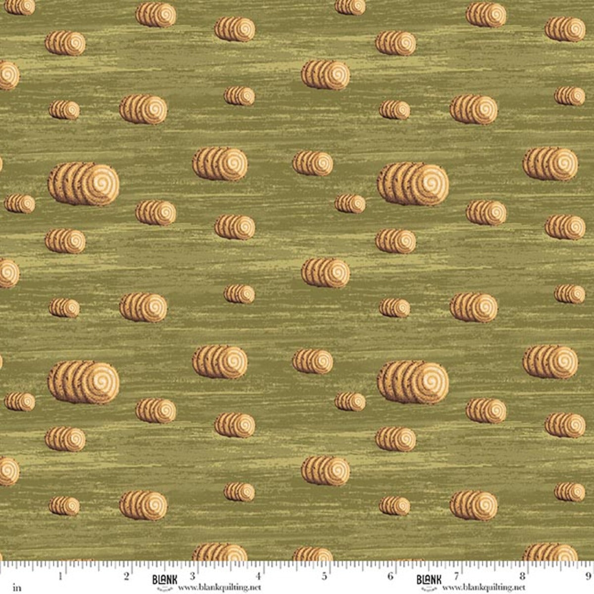 Pattern of hay bales on a green background with a fabric swatch at the bottom.