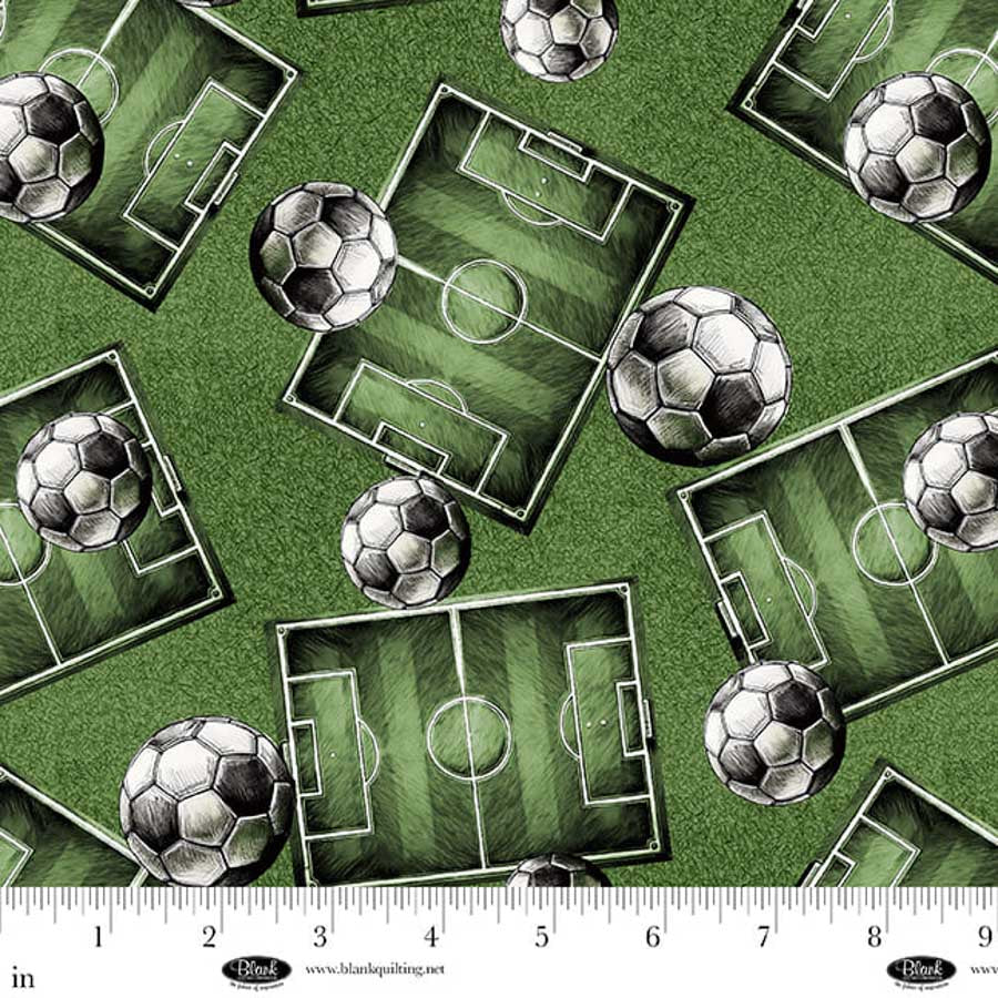 Fabric Blank Quilting Green Soccer Fields with Soccer Balls Goalbound by the Quarter Yard 4751-66