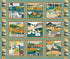 A quilt pattern or fabric design featuring a 3x3 grid of nine square panels, each depicting a different pastoral farm and wildlife scene in a stylized, folk-art illustration. The panels are framed by a decorative border with geometric patterns in teal, beige, brown, and black.