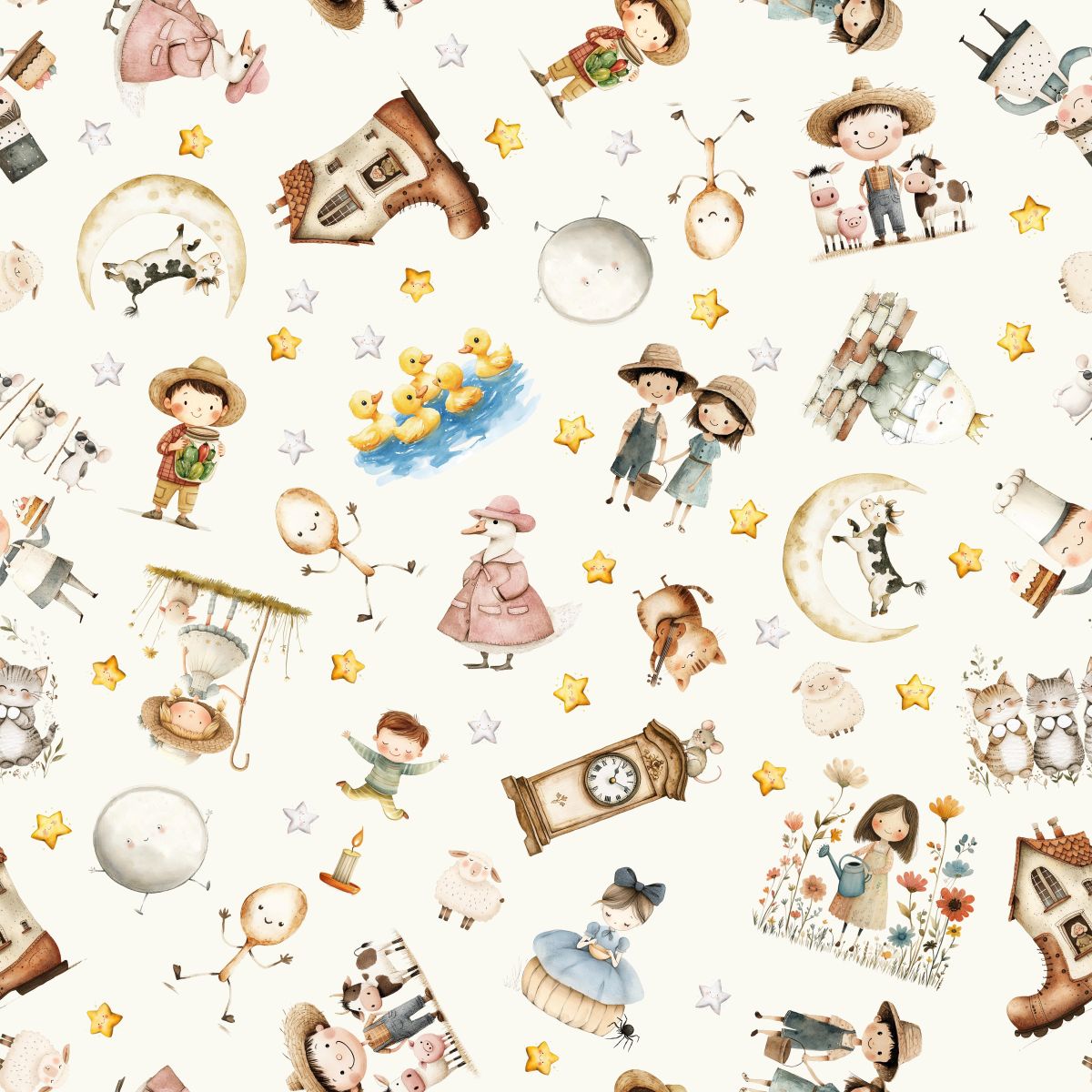 A repeating watercolor-style nursery pattern on a warm off-white background, featuring children, animals, stars, houses, clocks, ducks, flowers, and soft pastel objects.