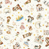 A repeating watercolor-style nursery pattern on a warm off-white background, featuring children, animals, stars, houses, clocks, ducks, flowers, and soft pastel objects.