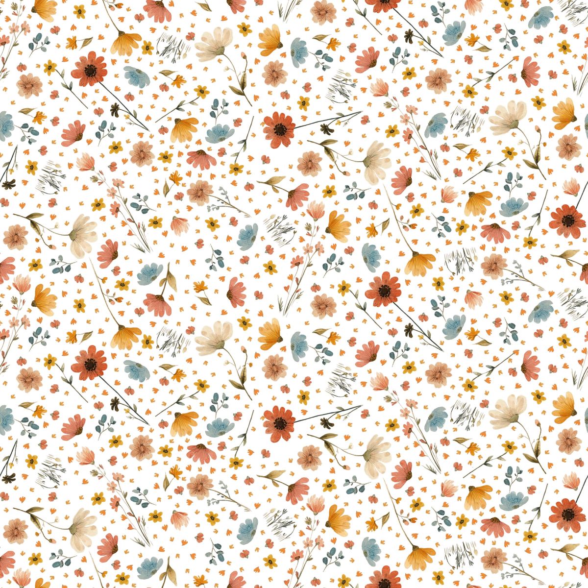 A seamless watercolor floral pattern featuring small orange, peach, yellow, and blue flowers with green stems on a white background.