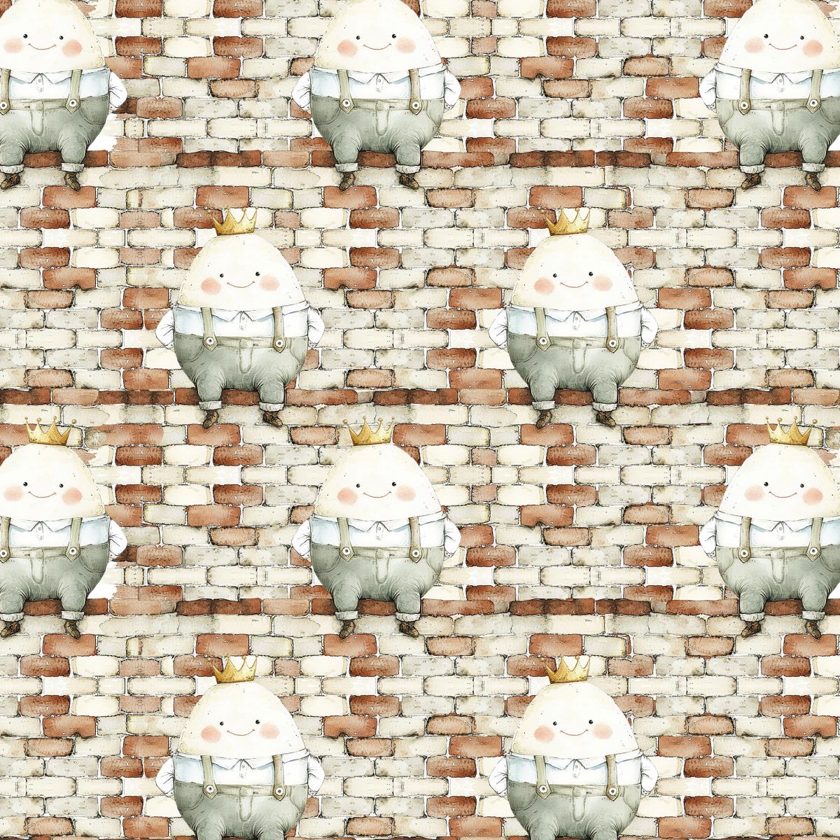 Pattern of small fairy-like characters with crowns on a brick wall background