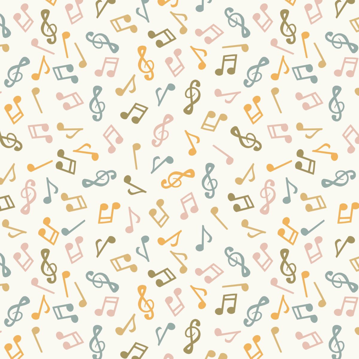 A repeating pattern of musical notes and clefs in muted pastel colors including dusty blue, soft pink, ochre yellow, and olive green on a warm off-white background.
