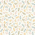 A repeating pattern of musical notes and clefs in muted pastel colors including dusty blue, soft pink, ochre yellow, and olive green on a warm off-white background.