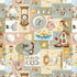 A repeating patchwork-style illustration pattern with pastel panels showing whimsical children's scenes: a clock, moon, ducks, flowers, a house, stars, animals, and small decorative motifs on a cream background.