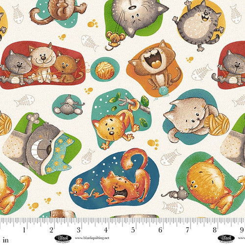 Fabric Blank Quilting Ivory Tossed Cats Cat Hair Don't Care by the Quarter Yard 4421-44
