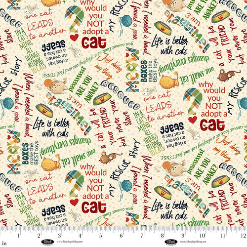 Fabric Blank Quilting Ivory Words Cat Hair Don't Care by the Quarter Yard 4427-44