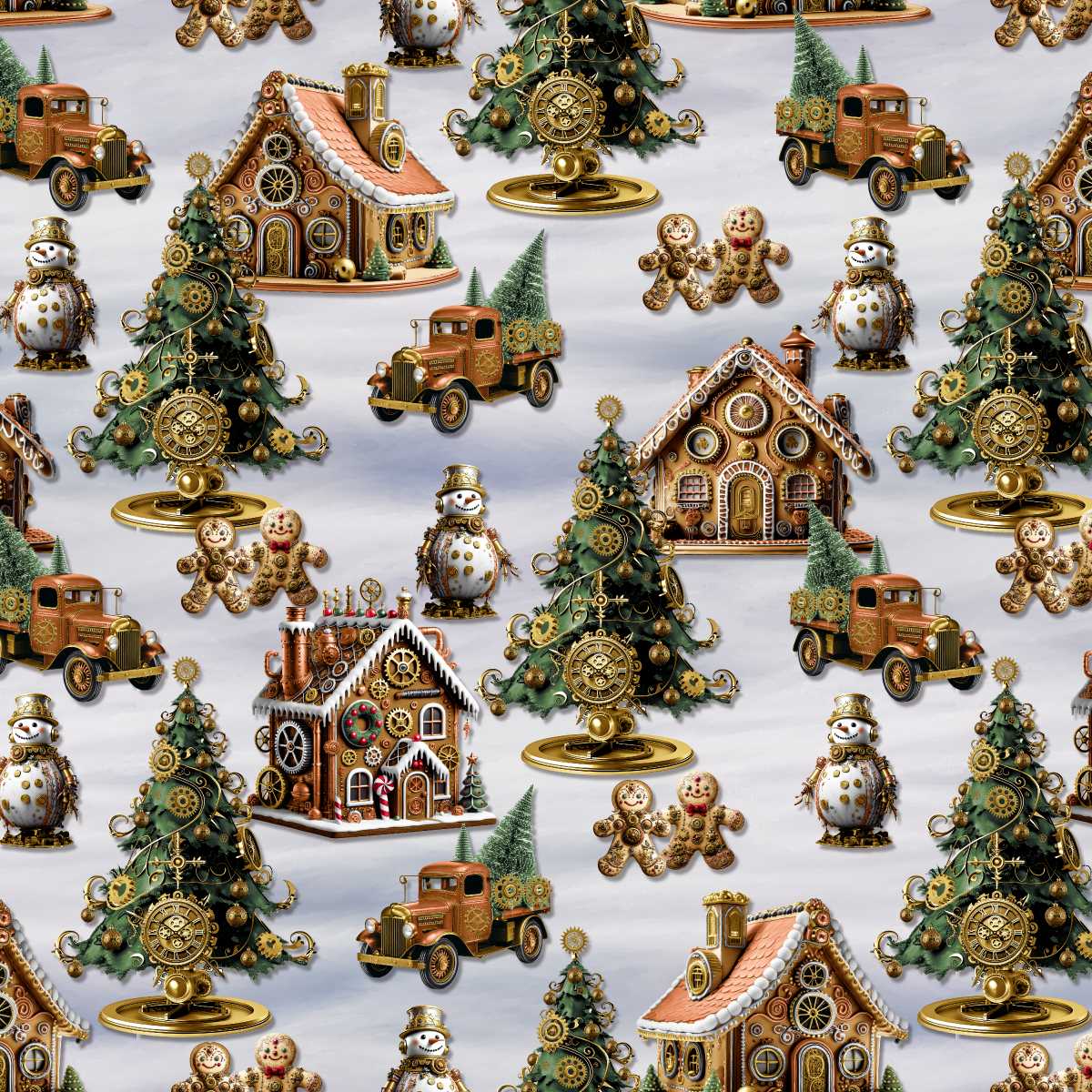Christmas-themed pattern with gingerbread houses, trees, and trucks on a white background.
