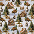 Christmas-themed pattern with gingerbread houses, trees, and trucks on a white background.