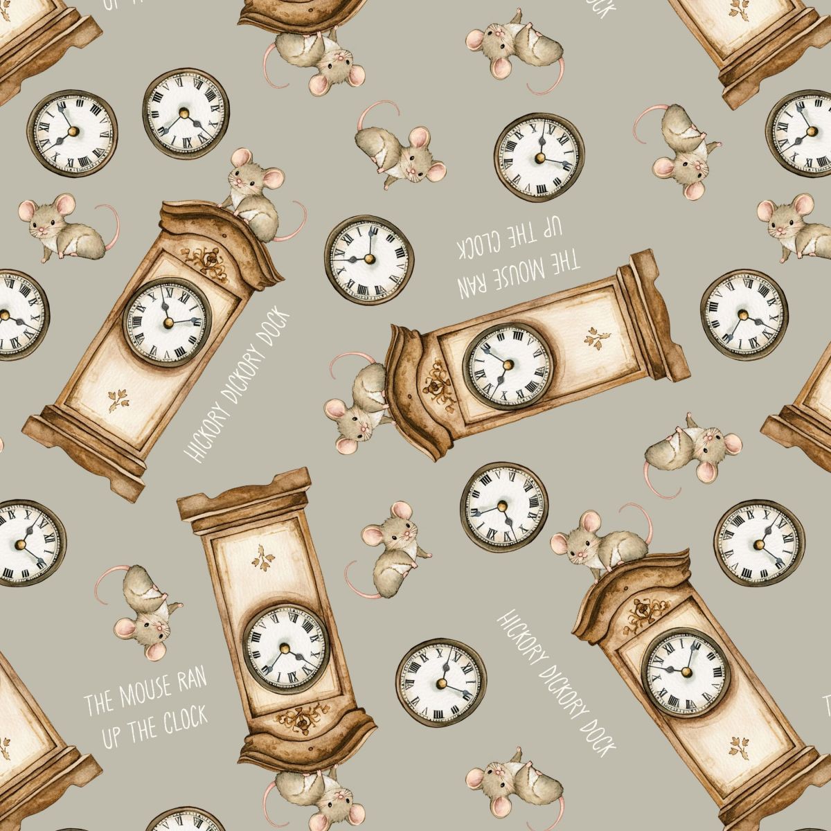 Pattern of clocks and mice with text on a beige background