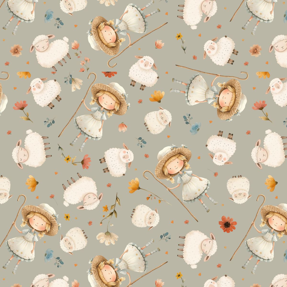 A repeating watercolor-style pattern featuring white sheep, children in white dresses with straw hats, small flowers, and scattered orange and blue dots on a muted gray-green background.
