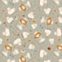 A repeating watercolor-style pattern featuring white sheep, children in white dresses with straw hats, small flowers, and scattered orange and blue dots on a muted gray-green background.