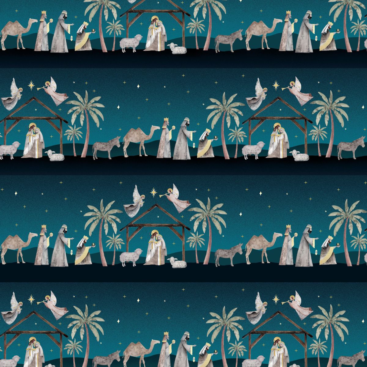 Repeating pattern of a Christmas nativity scene with Mary, Joseph, baby Jesus, and animals on a dark blue background.