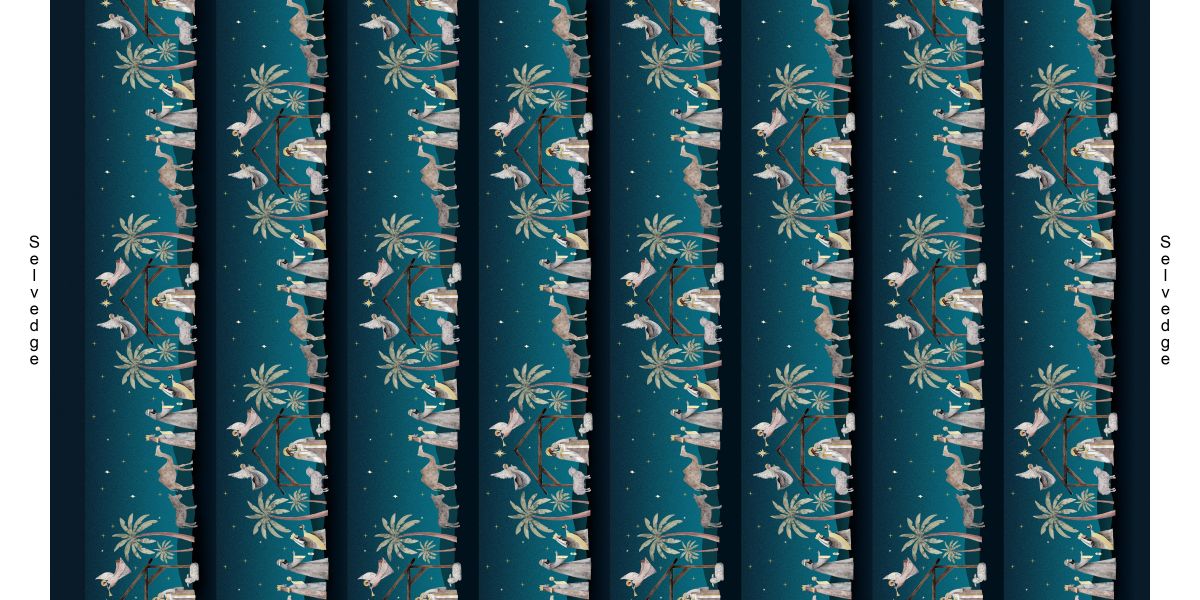 Textile with a pattern of birds and palm trees on a blue background