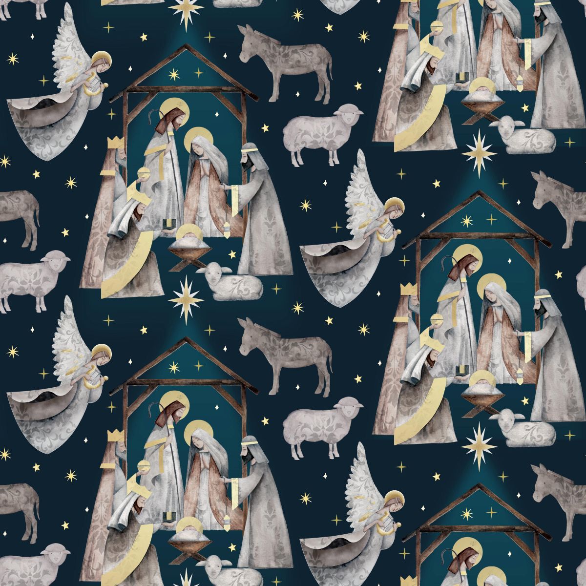 Pattern of nativity scenes with Mary, Joseph, and baby Jesus on a dark blue background.
