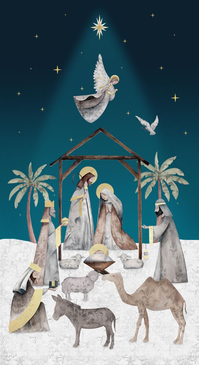 Nativity scene with Mary, Joseph, and baby Jesus in a manger, surrounded by animals and an angel on a starry night background.
