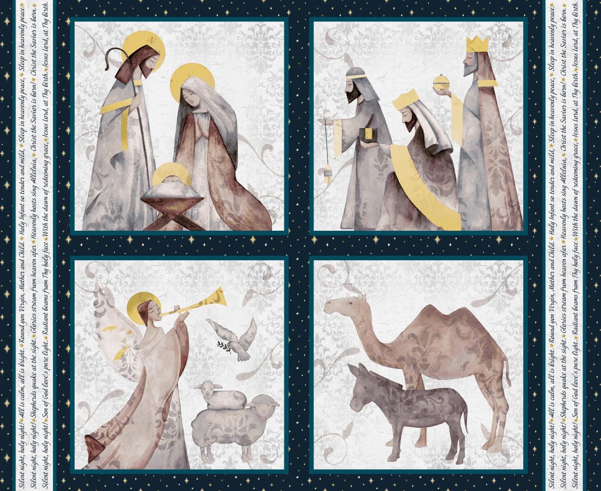 Quilt panel with nativity scene illustrations including Mary, Joseph, three wise men, an angel, camels, and sheep on a starry night background.