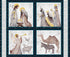 Quilt panel with nativity scene illustrations including Mary, Joseph, three wise men, an angel, camels, and sheep on a starry night background.