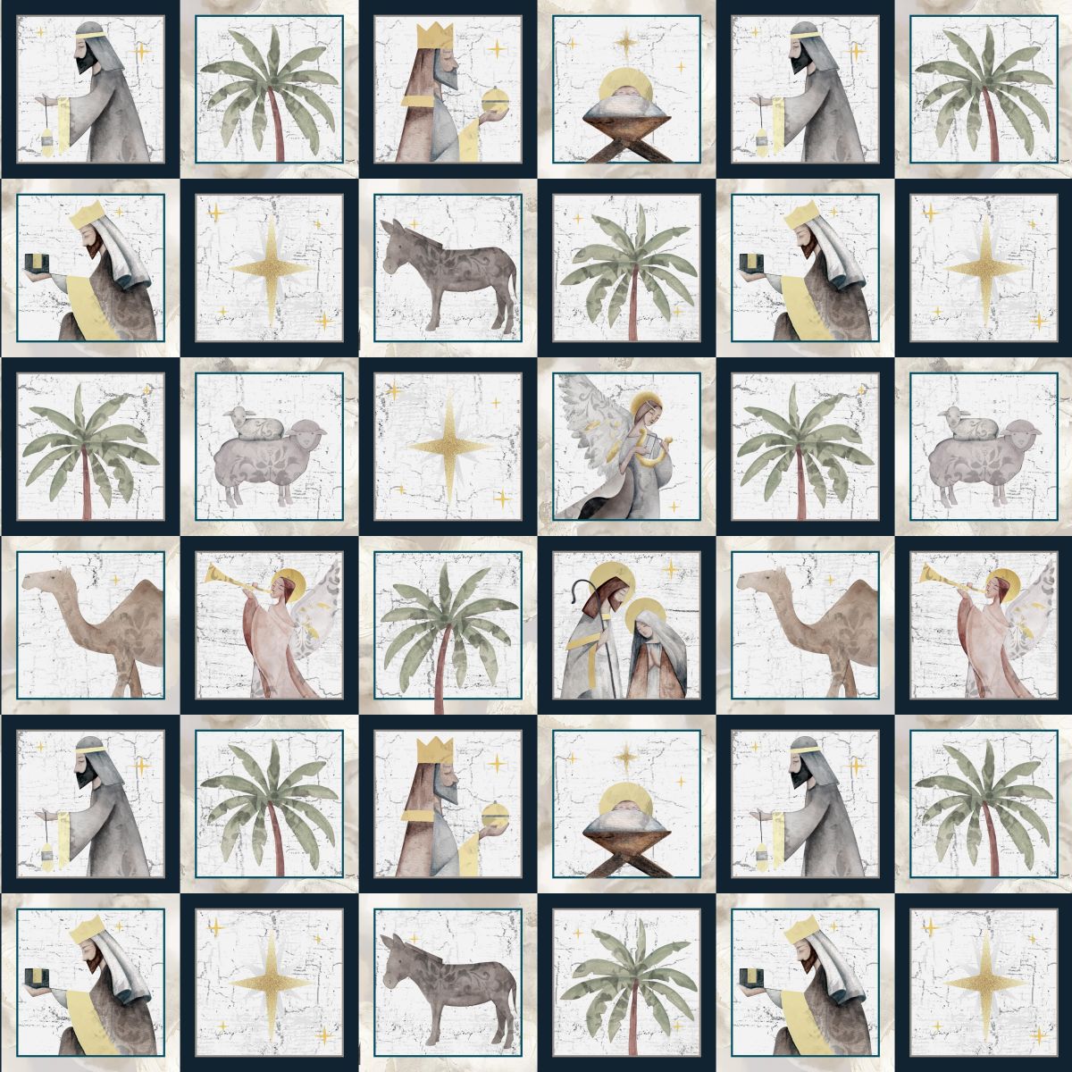 Pattern of religious figures, palm trees, and animals on a blue background