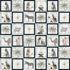 Pattern of religious figures, palm trees, and animals on a blue background
