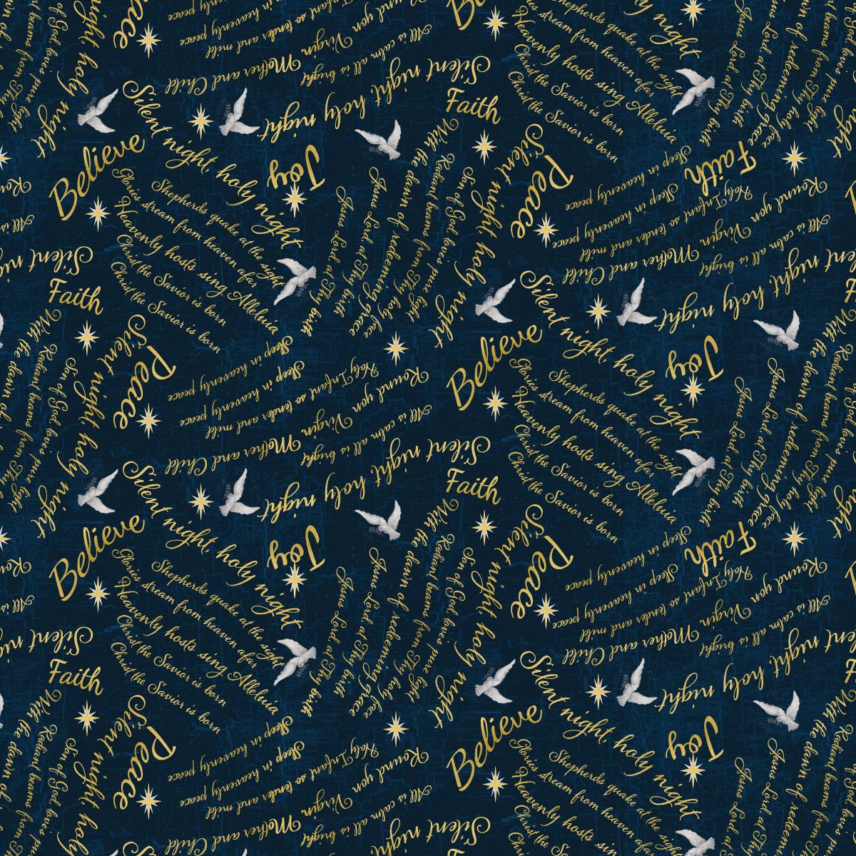 Textured fabric with gold and white text and symbols on a blue background