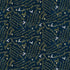 Textured fabric with gold and white text and symbols on a blue background