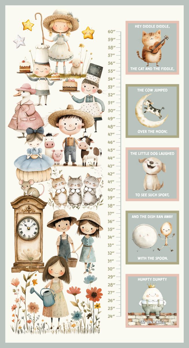A whimsical children's growth chart poster featuring cute watercolor illustrations of children, animals, flowers, and a clock, with printed height measurements and short caption boxes along the right side.