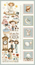 A whimsical children's growth chart poster featuring cute watercolor illustrations of children, animals, flowers, and a clock, with printed height measurements and short caption boxes along the right side.