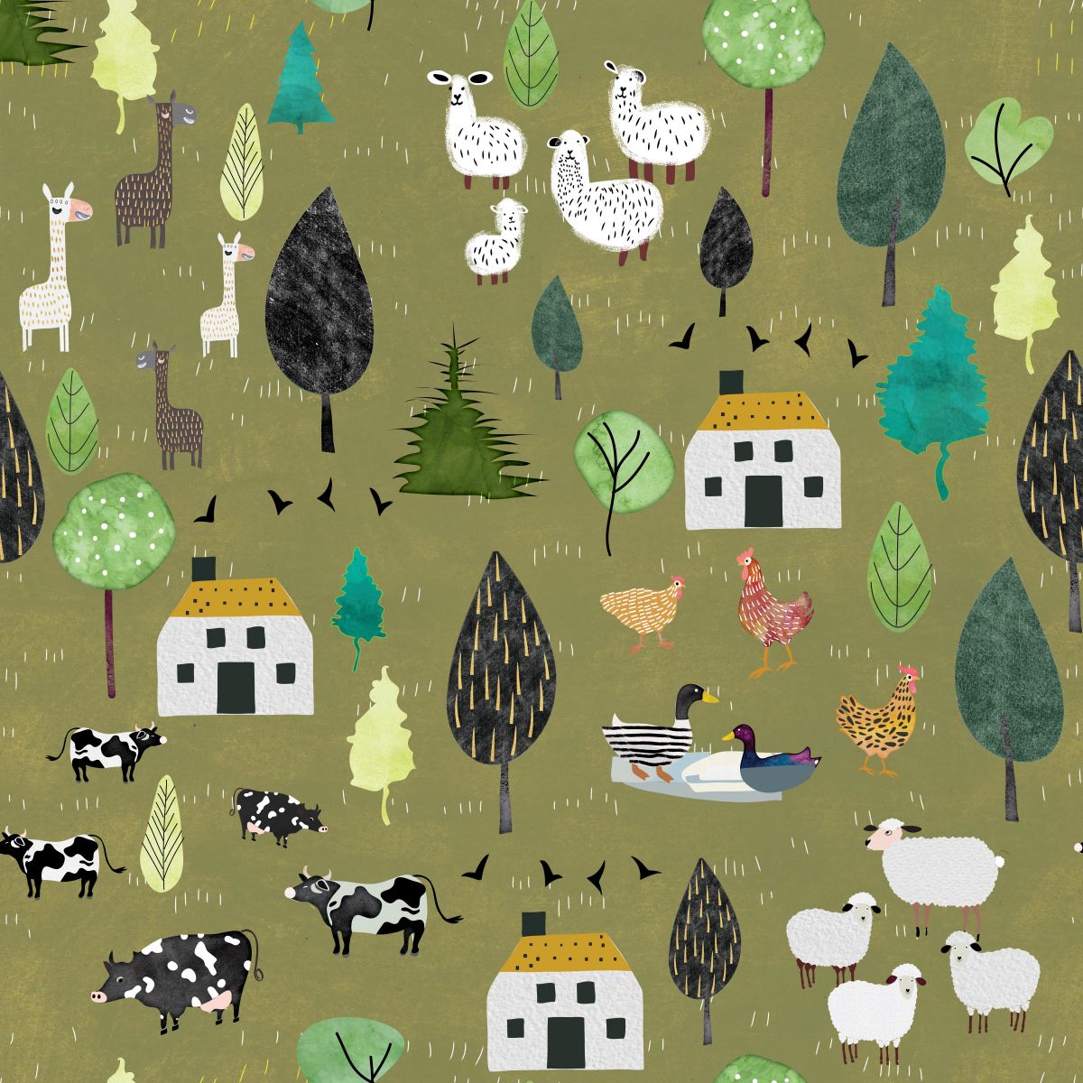 A repeating illustrated pattern of farm animals and trees on an olive green background, including sheep, goats, cows, chickens, ducks, houses, and stylized foliage.