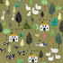 A repeating illustrated pattern of farm animals and trees on an olive green background, including sheep, goats, cows, chickens, ducks, houses, and stylized foliage.