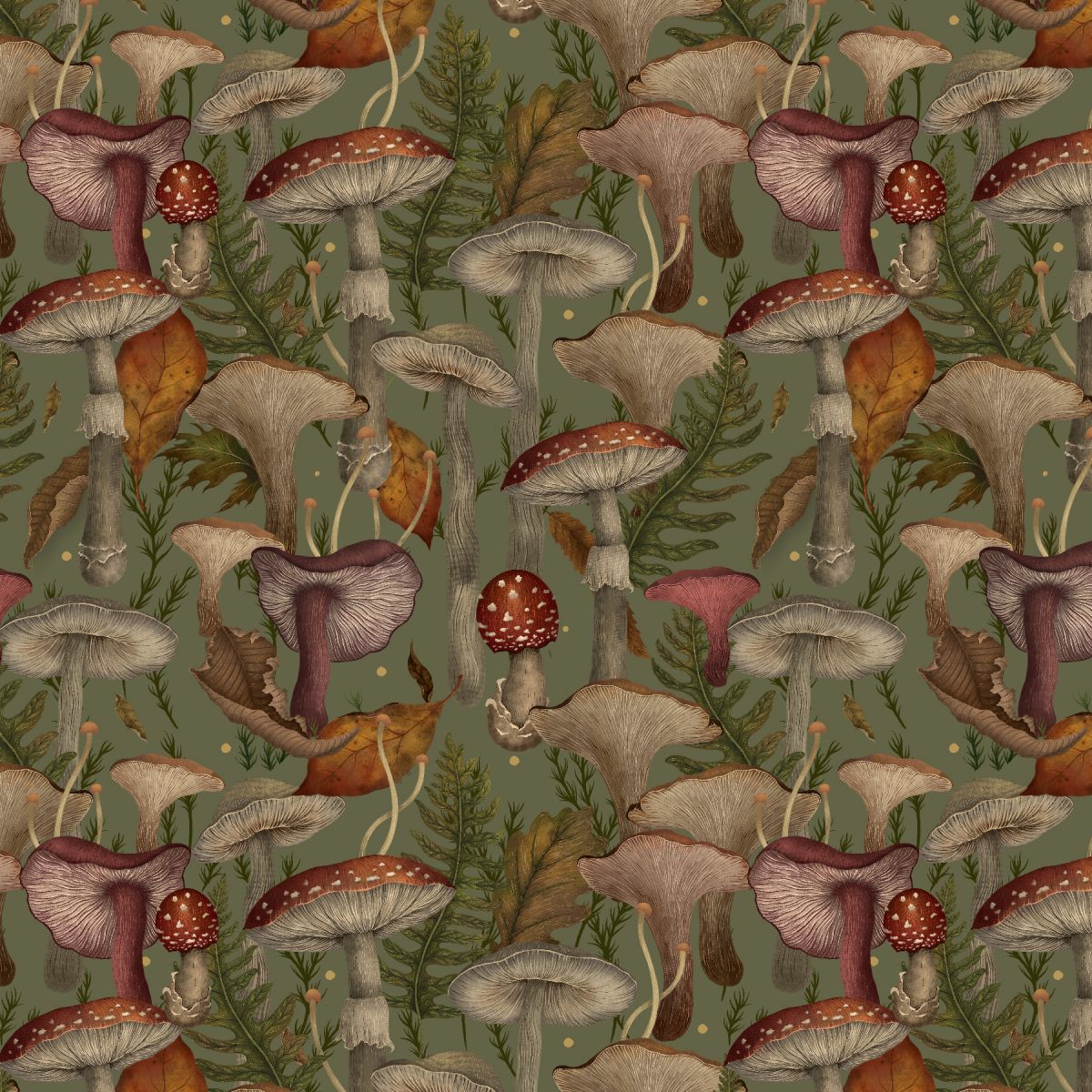 Fabric Blank Quilting Olive Green Mushrooms Harvest Haunt by the Quarter Yard 4808-66