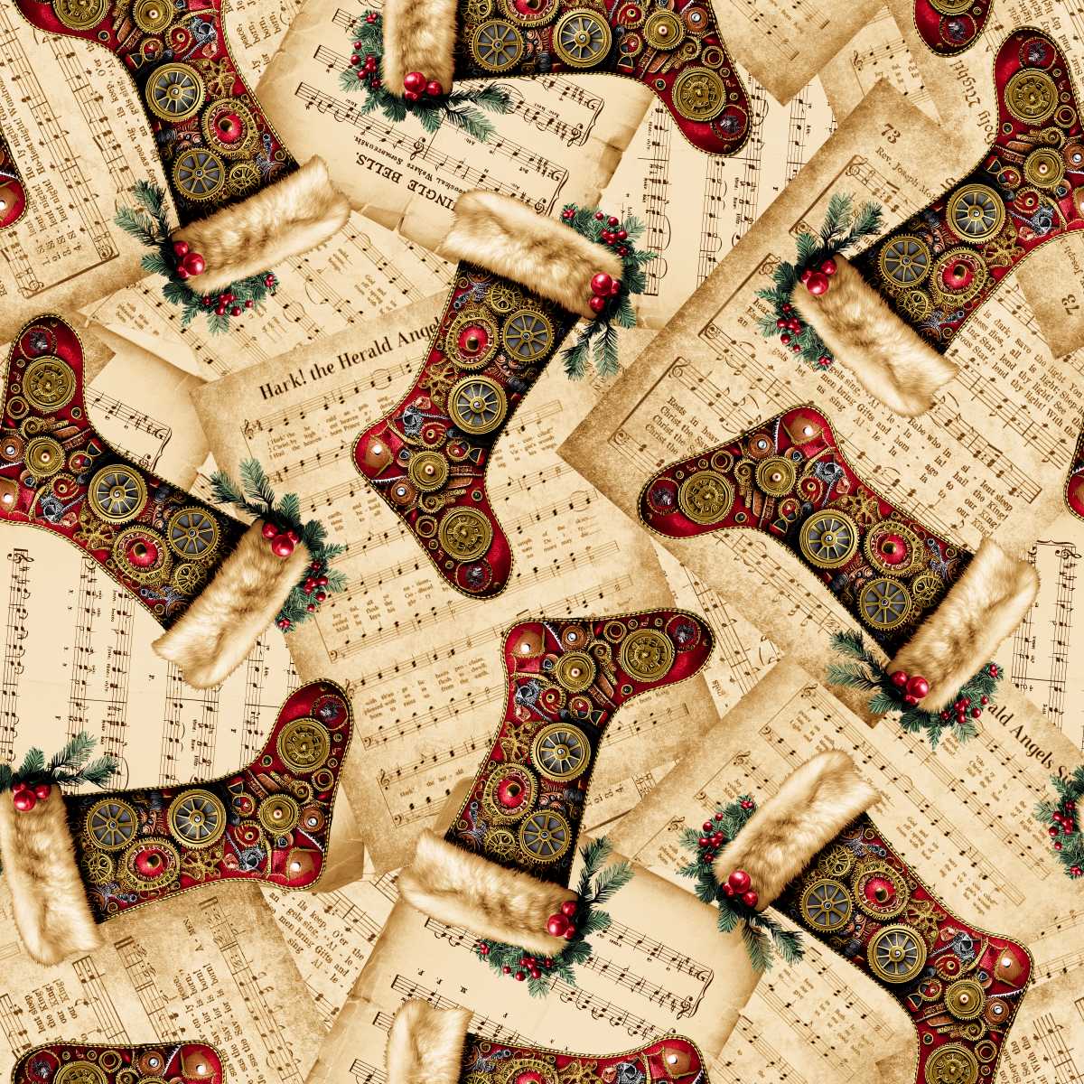 Pattern of Christmas stockings on sheet music background