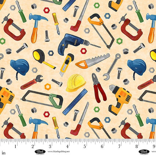 Fabric Blank Quilting Peach Tools Let's Get Building by the Quarter Yard 4396-41