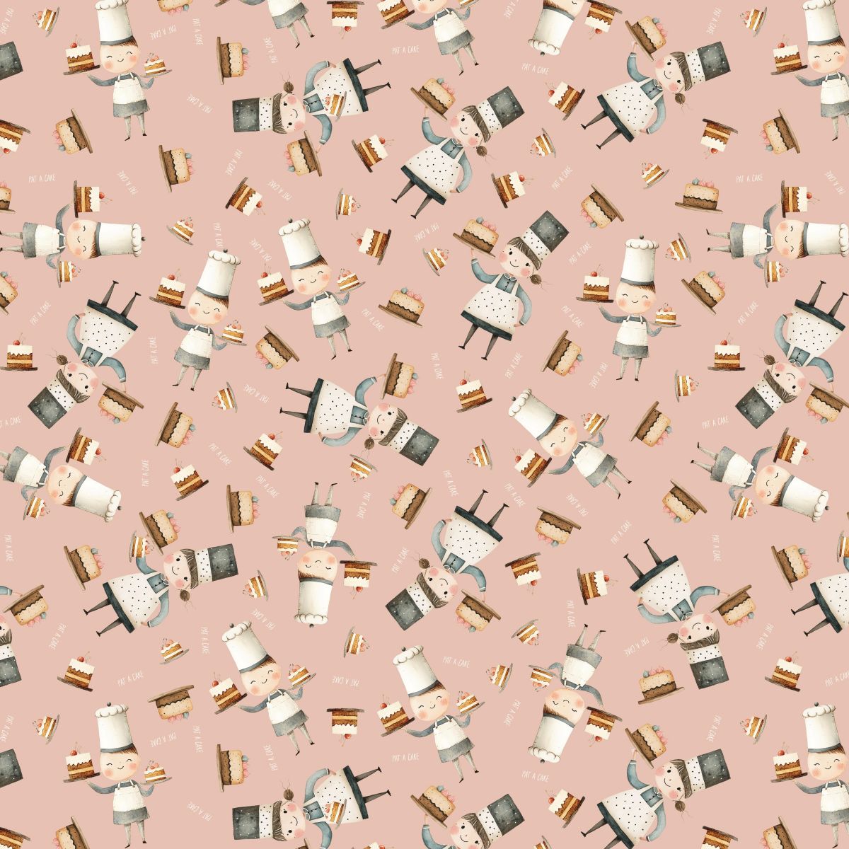A repeating illustrated pattern on a dusty pink background featuring small white-and-gray characters with black hats and brown hatbands, plus scattered brown and cream striped cake slices.