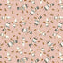 A repeating illustrated pattern on a dusty pink background featuring small white-and-gray characters with black hats and brown hatbands, plus scattered brown and cream striped cake slices.