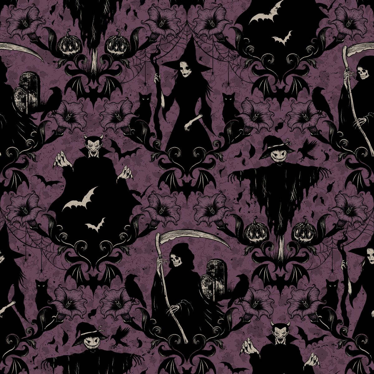 Fabric Blank Quilting Plum Damask with Witch Scarecrow and Grim Reaper Darkly Enchanted by the Quarter Yard 4792-55