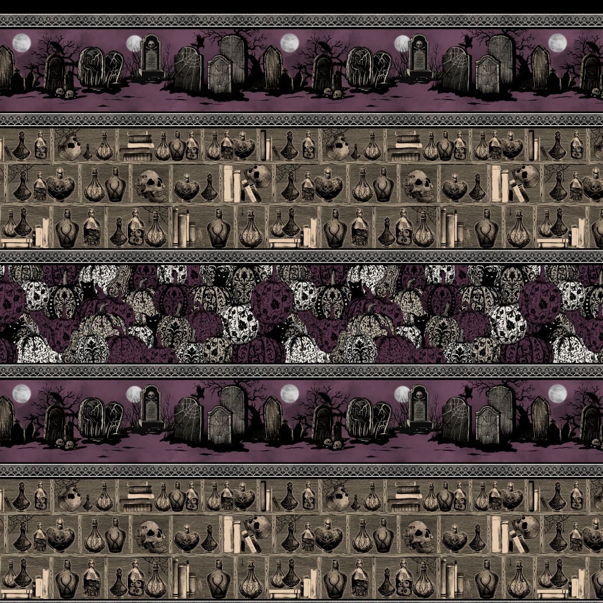 Fabric Blank Quilting Plum Stripe with Pumpkins Cemetery and Potions Darkly Enchanted by the Quarter Yard 4801-55