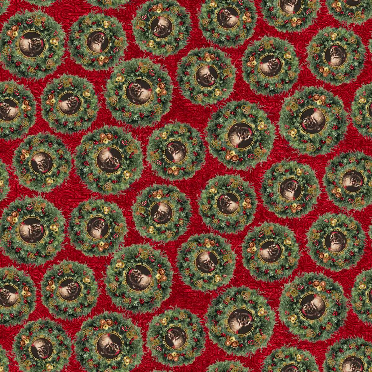 Fabric Blank Quilting Red Christmas Wreaths with Santa Gears & Garland by the Quarter Yard 4821-88