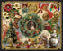 Decorative Christmas collage with steampunk elements, including a wreath, snowman, and vintage train.
