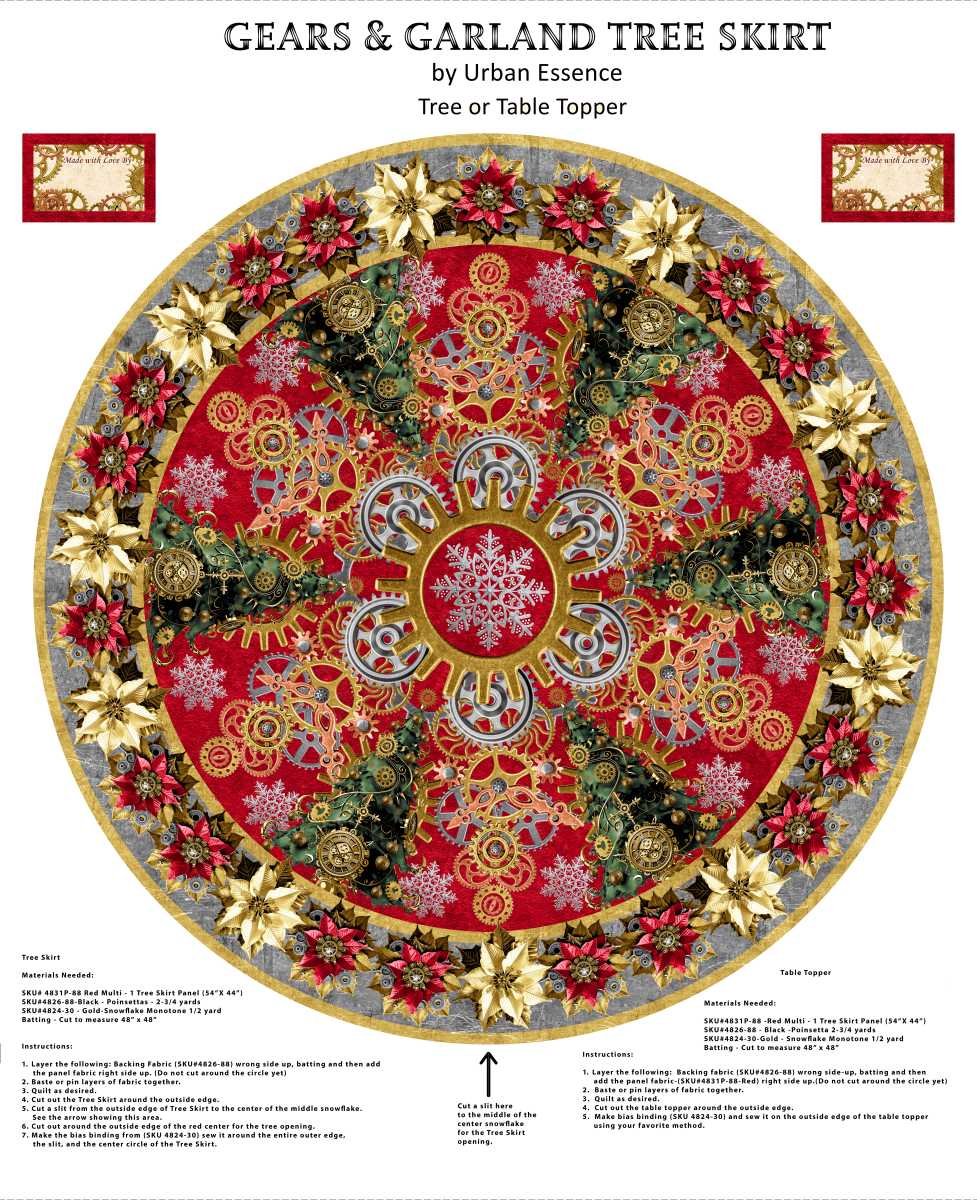 Decorative tree skirt with gears and garland design on a white background