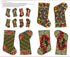 Collection of colorful Christmas stockings with various patterns on a white background.