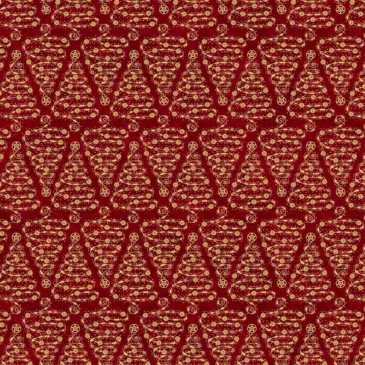 Pattern of gold Christmas trees on a red background