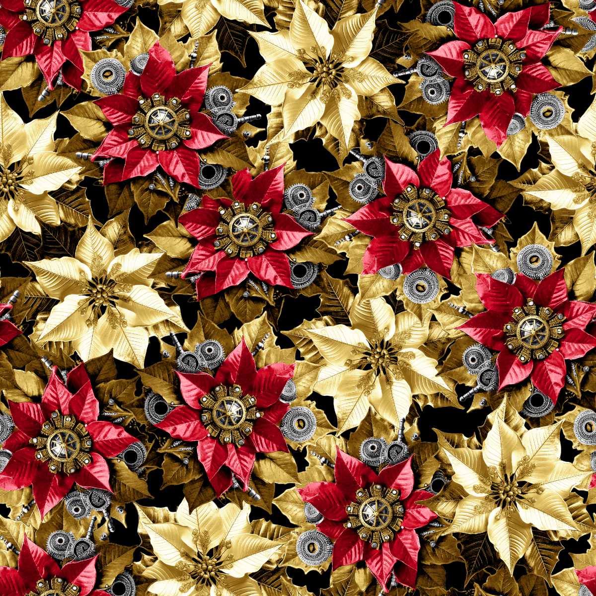 Pattern of red, gold, and black flowers with mechanical elements on a black background