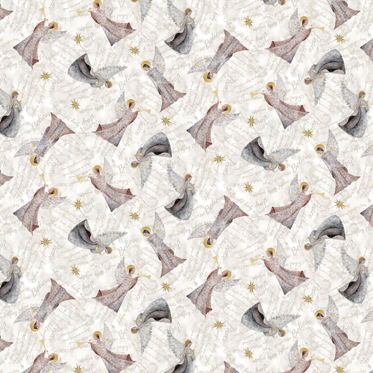 Pattern of angel figures with stars on a white background