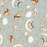 A repeating watercolor-style pattern on a pale blue background featuring playful animals and musical motifs: cats and dogs playing string instruments, cows dancing on crescent moons, smiling round faces, and scattered music notes.