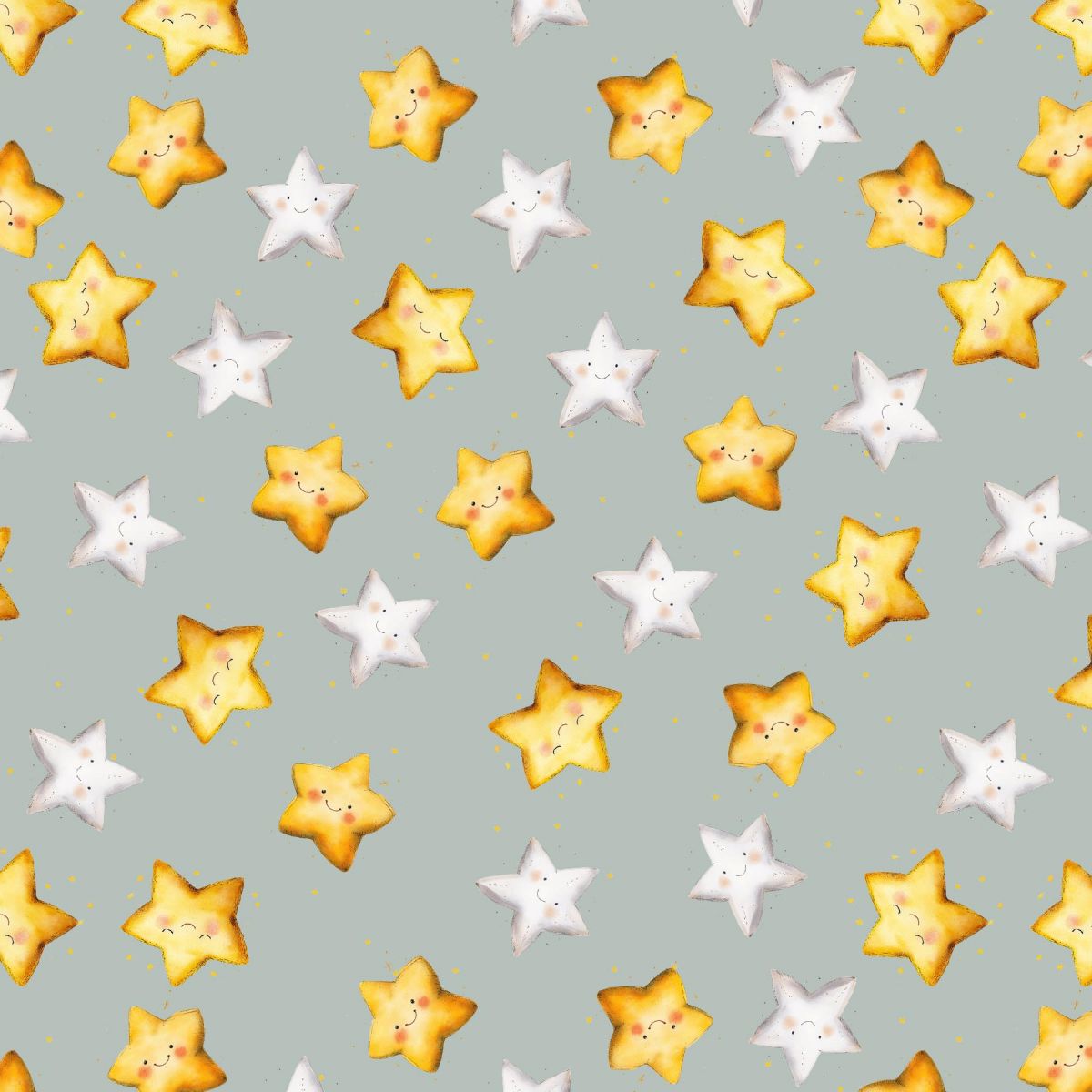 A repeating pattern of cute watercolor-style star illustrations on a pale blue-gray background. The stars are mostly warm golden yellow with some white stars, all with small smiling faces.