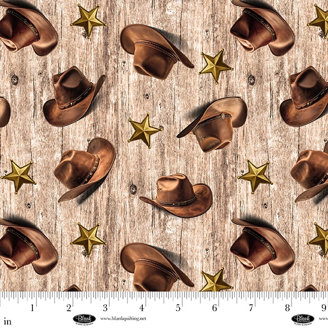 Fabric Blank Quilting Tan Cowboy Hats and Stars Spurs & Spirit by the Quarter Yard 4528-30