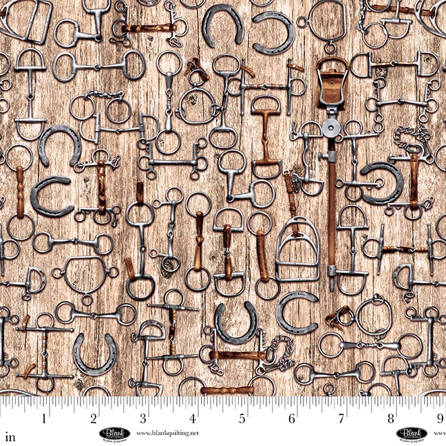 Fabric Blank Quilting Tan Stirrups Bits and Horseshoes Spurs & Spirit by the Quarter Yard 4529-30